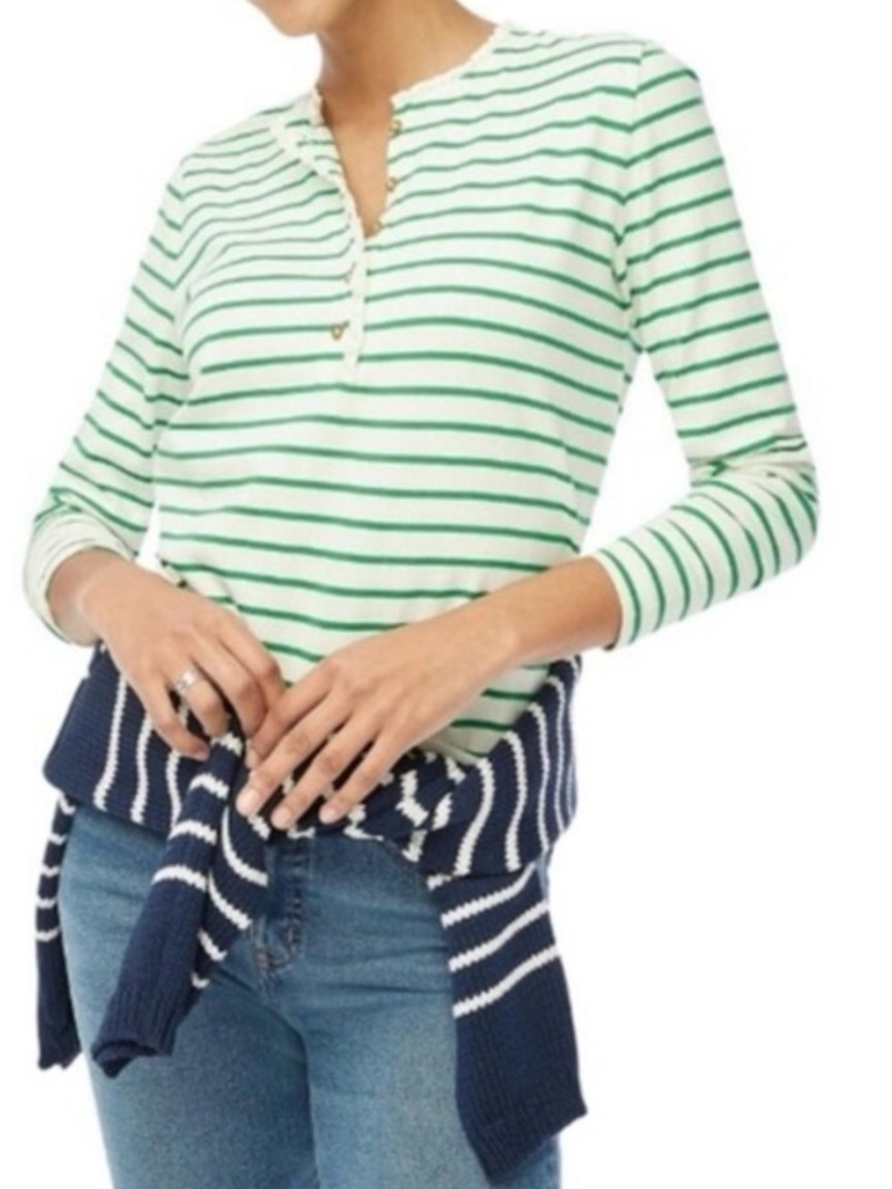 J.Crew Factory Green White Striped Ruffle Collar Henley Size XL